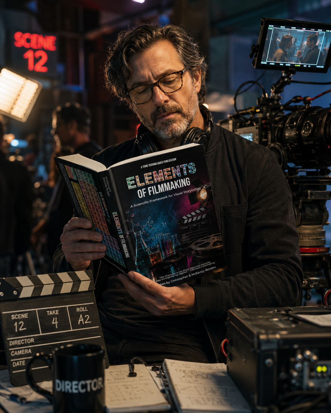 A director studying The Elements of Filmmaking on a working film set